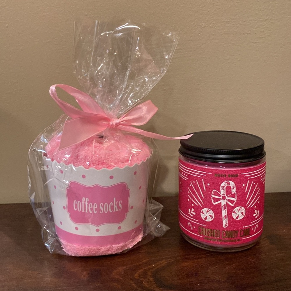 BBW Crushed Candy Cane Candle & Bring Me Coffee Cupcake Socks